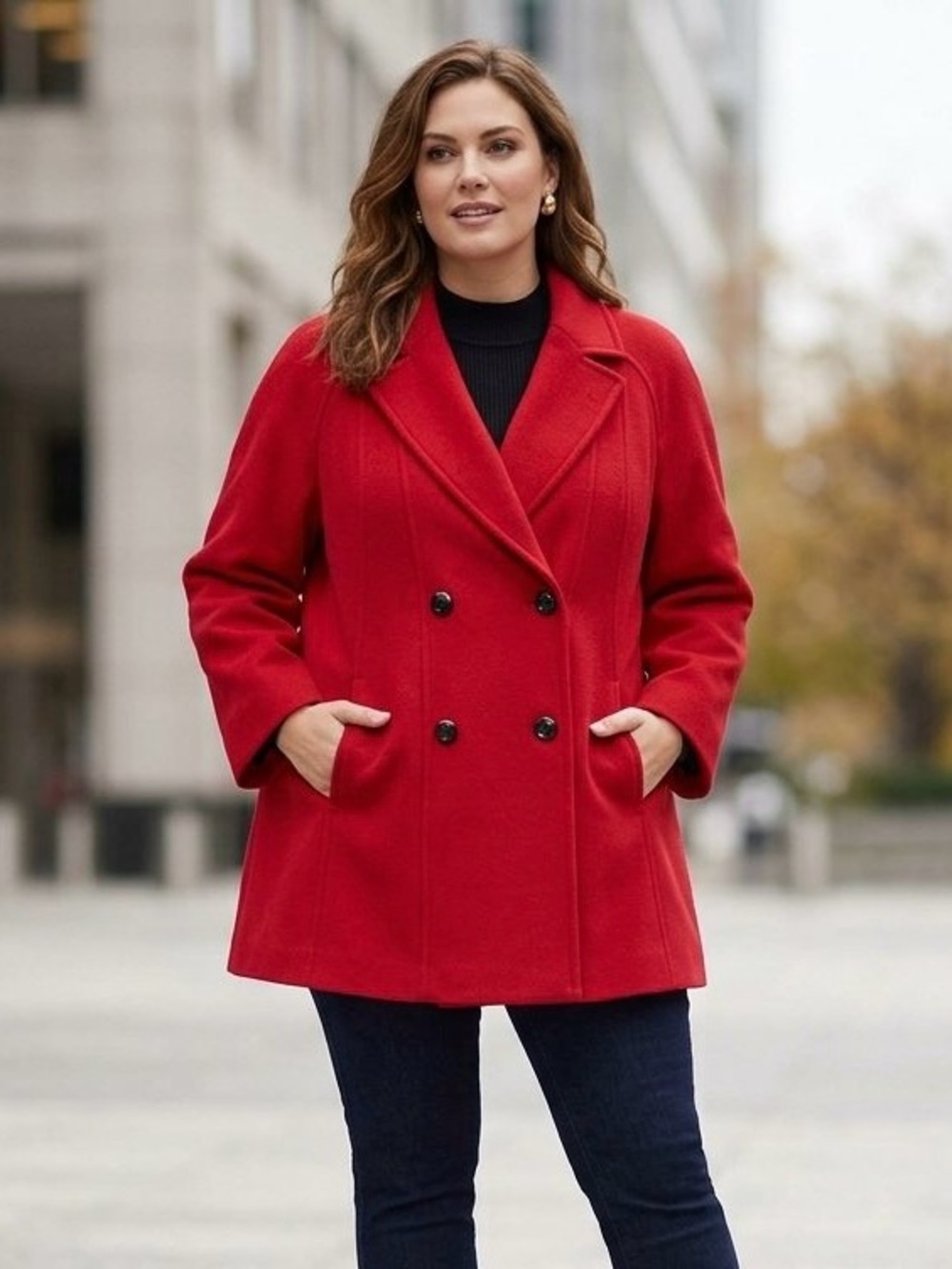 Wool Cashmere Blend Jacques Vert Red Double Breasted Pea Coat - Size 14